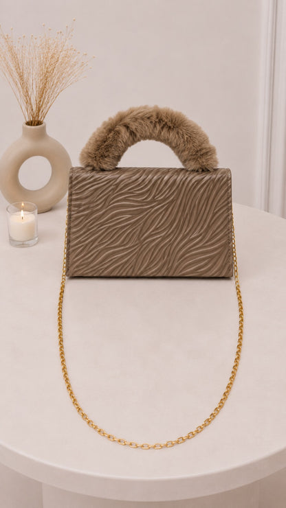 Luxury Textured Envelope Bag with Faux Fur Handle - Brown