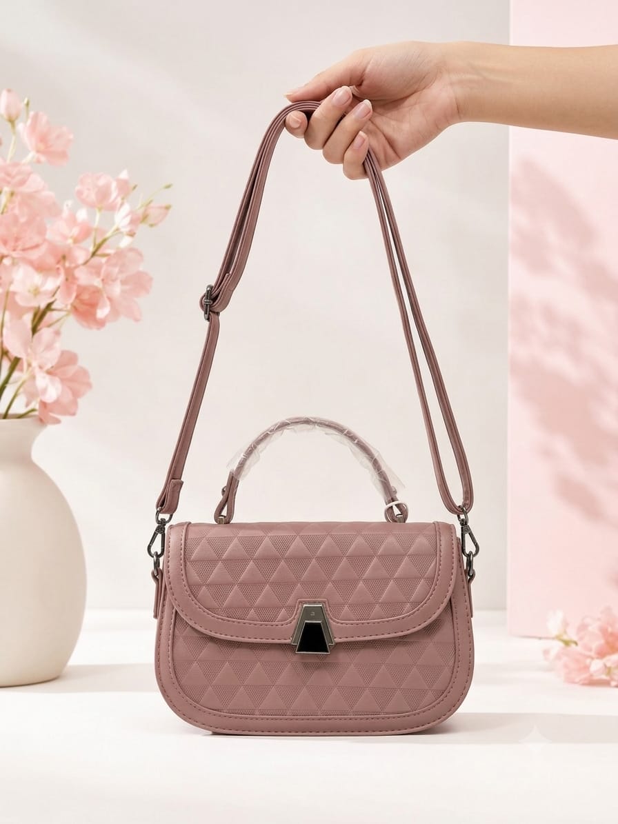 Elegant Quilted Top-Handle Crossbody Bag - Mauve Pink