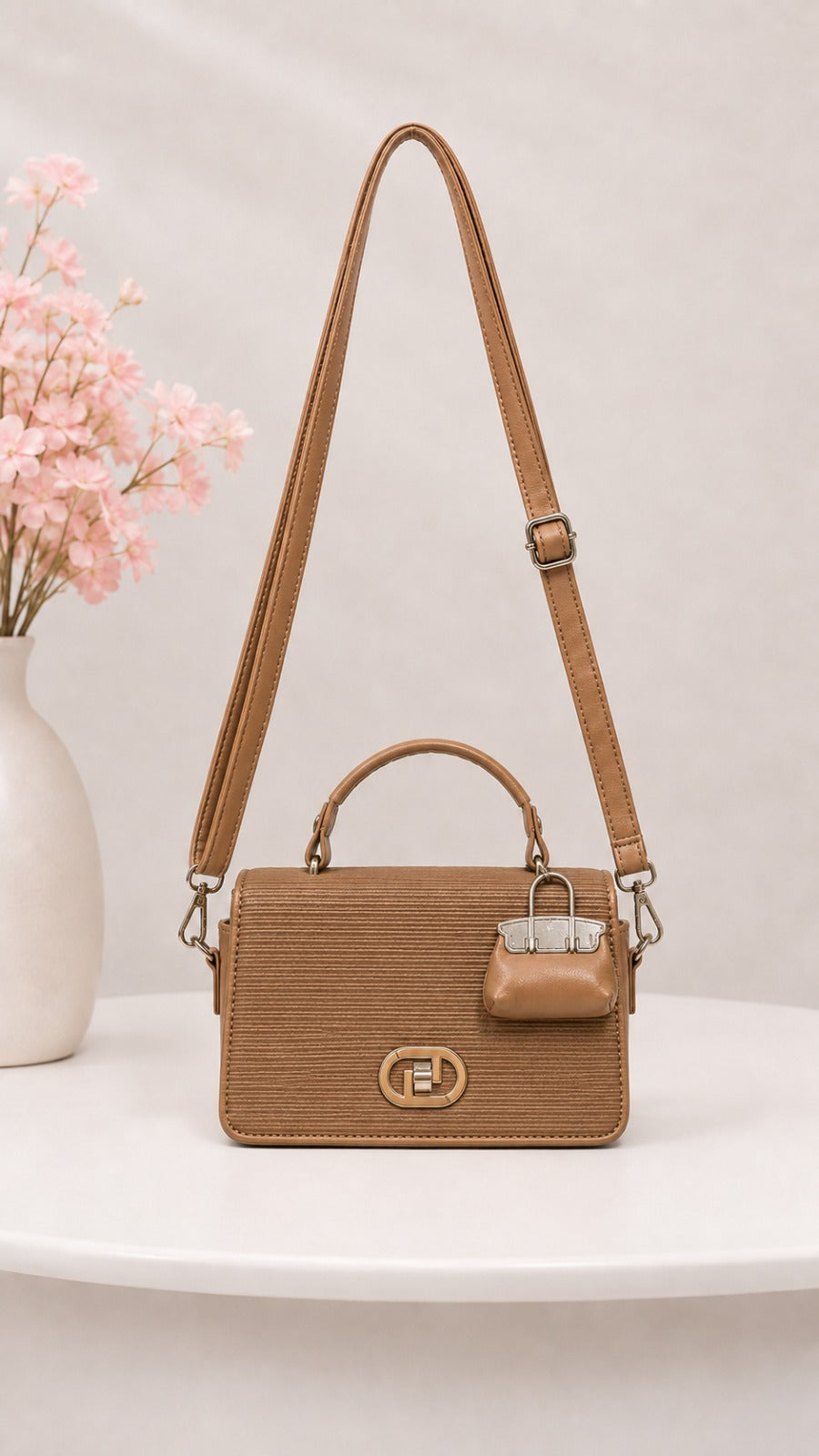 Classic Structured Satchel with Charm Detail - Tan Brown
