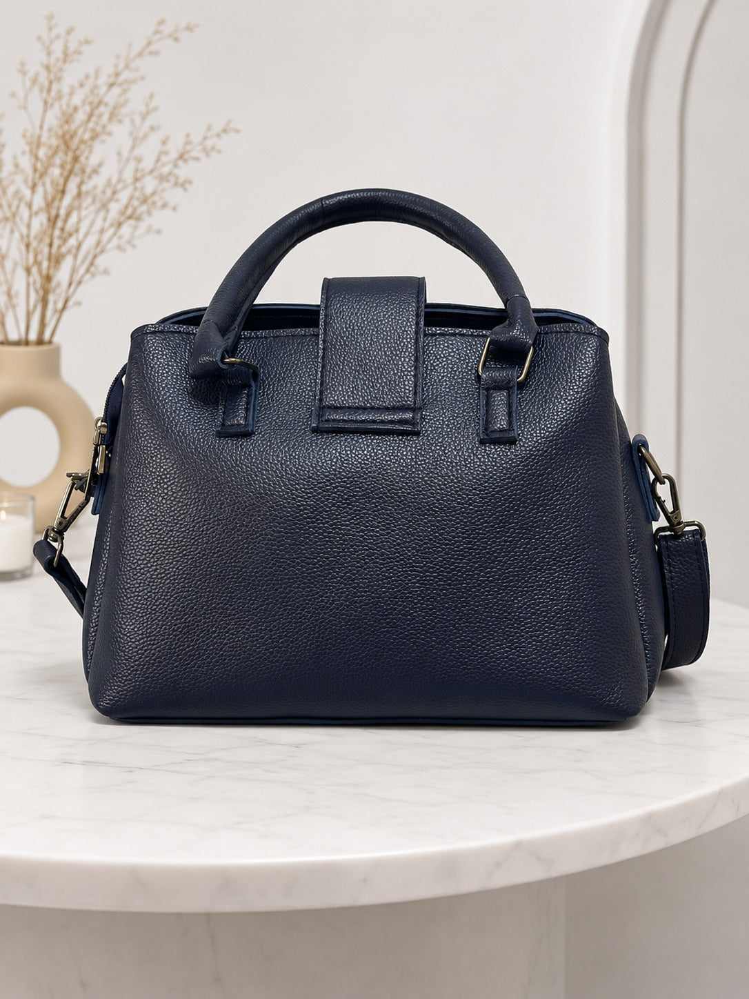 Elegant Structured Satchel with Metallic Clasp - Navy Blue