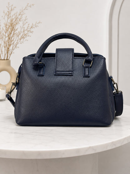 Elegant Structured Satchel with Metallic Clasp - Navy Blue