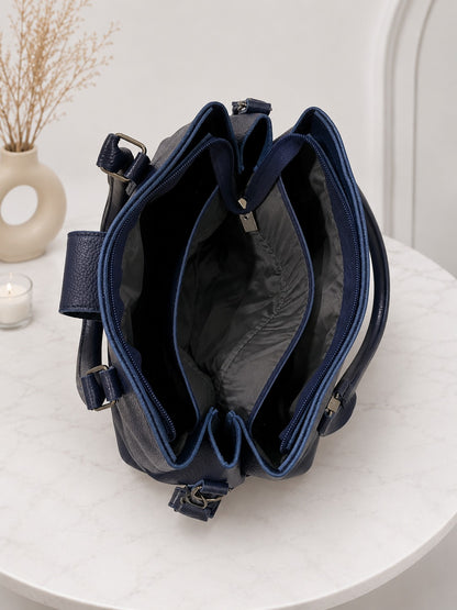 Elegant Structured Satchel with Metallic Clasp - Navy Blue