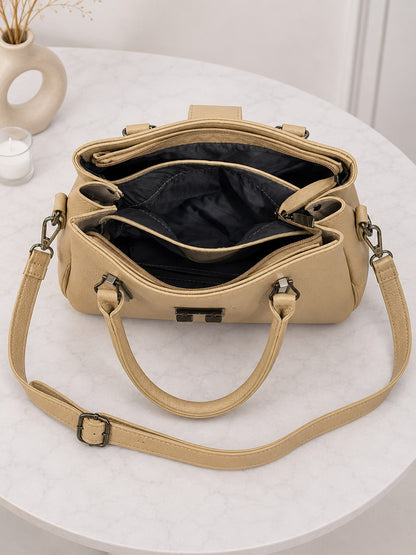 Elegant Structured Satchel with Metallic Clasp - Beige