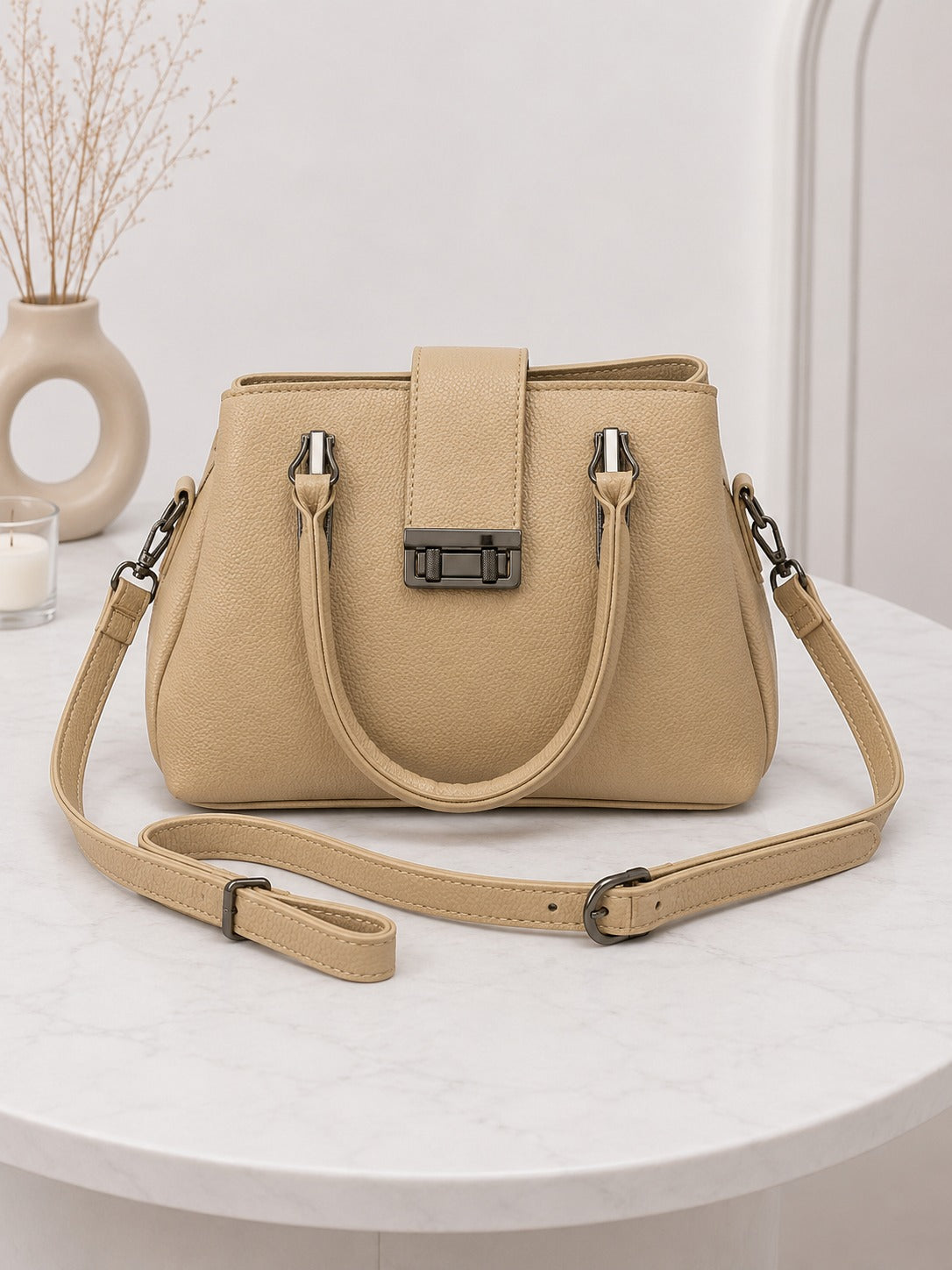 Elegant Structured Satchel with Metallic Clasp - Beige