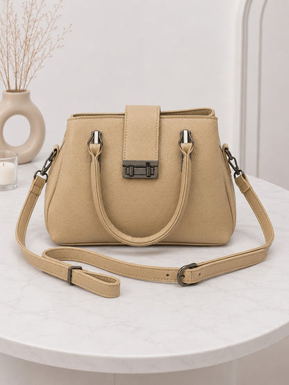 Elegant Structured Satchel with Metallic Clasp - Beige