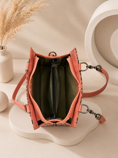 Elegant Structured Box Bag with Signature Pattern & Ruffled Handle - Coral Pink