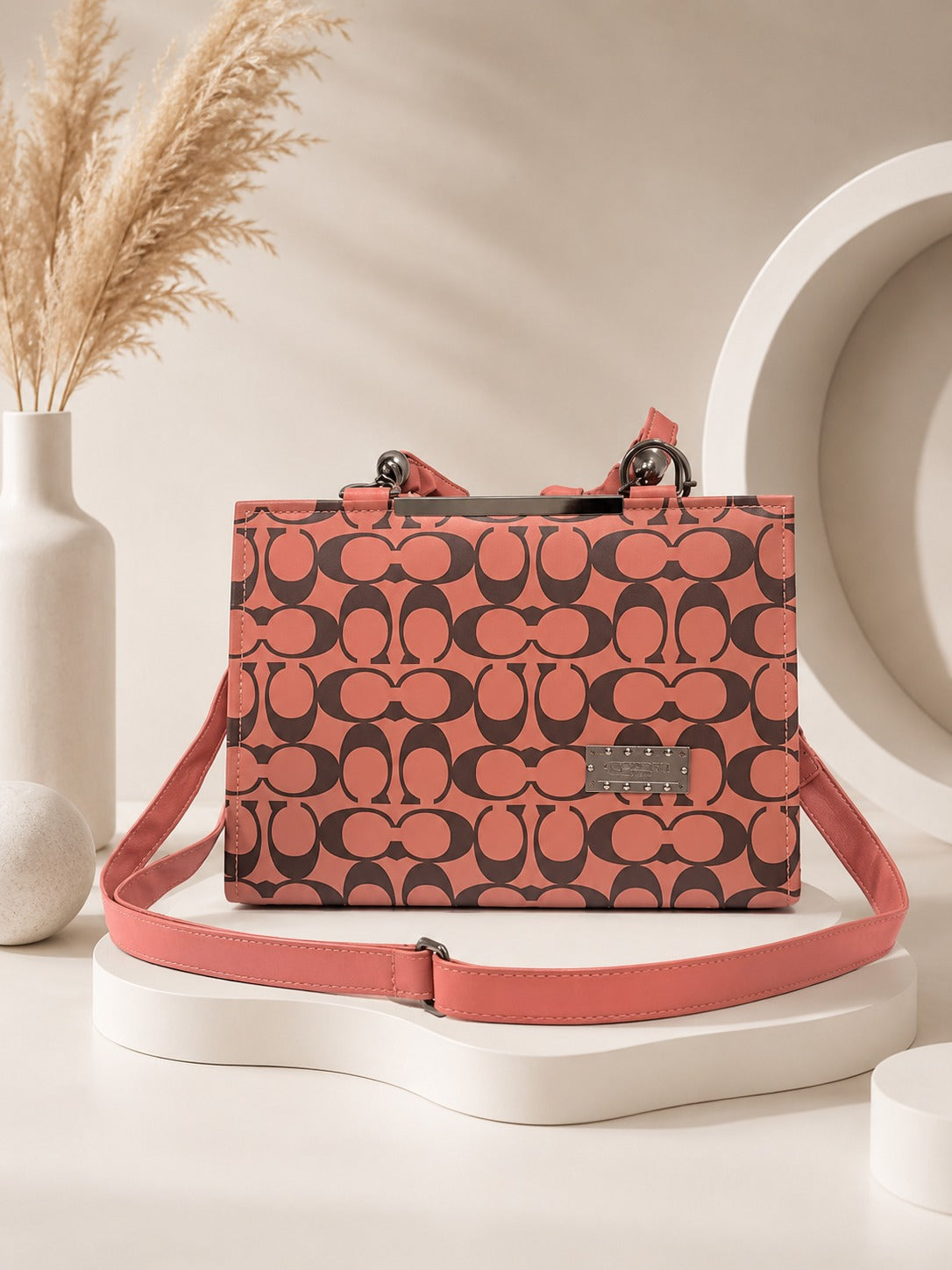 Elegant Structured Box Bag with Signature Pattern & Ruffled Handle - Coral Pink