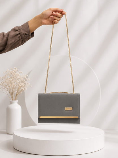 Elegant Matte Charcoal Clutch with Gold-Tone Chain"