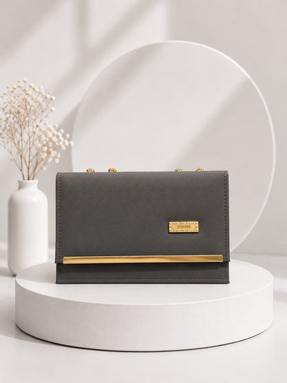 Elegant Matte Charcoal Clutch with Gold-Tone Chain"