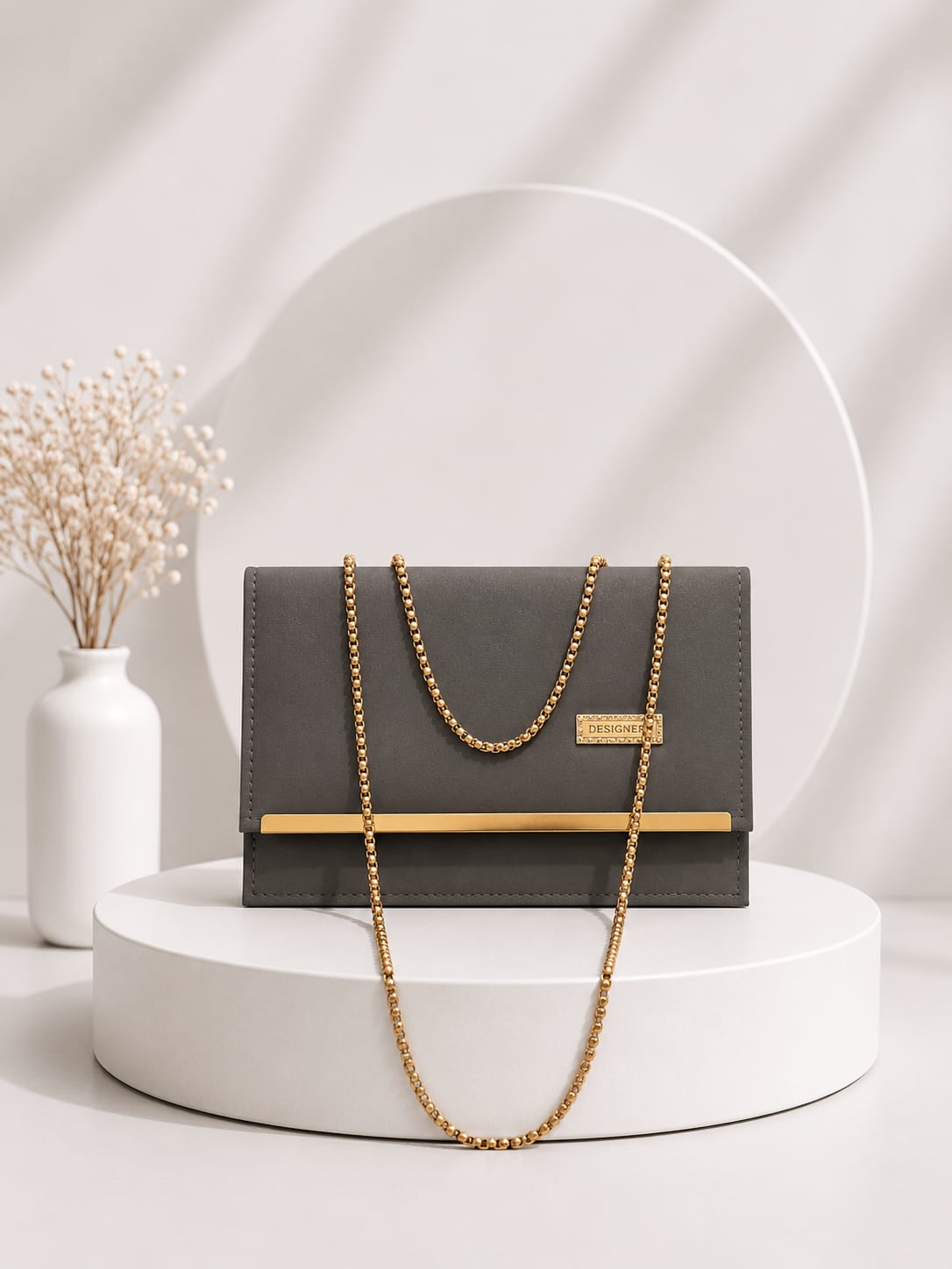 Elegant Matte Charcoal Clutch with Gold-Tone Chain"