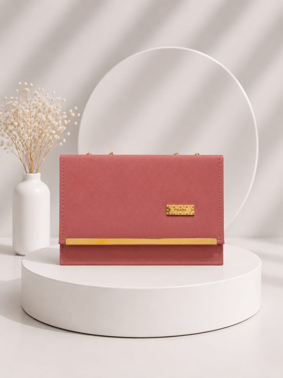 Elegant Suede-Finish Clutch with Gold-Tone Chain - Mauve Pink