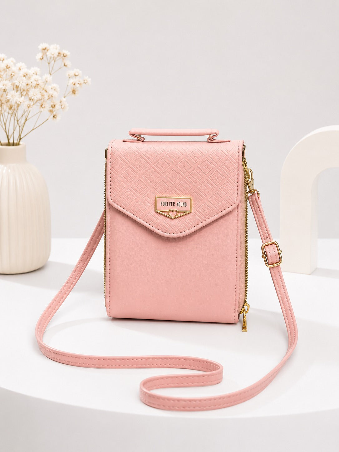 Elegant 'Forever Young' Multifunctional Crossbody Wallet - Blush Pink