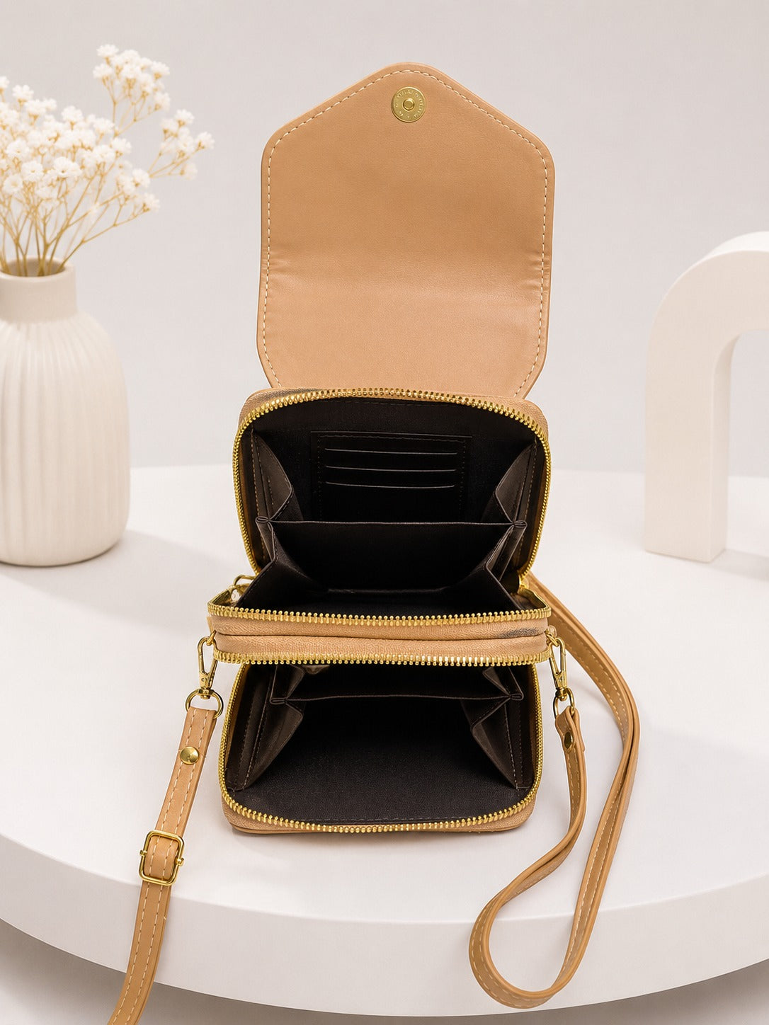 Elegant 'Forever Young' Multifunctional Crossbody Wallet - Tan Brown