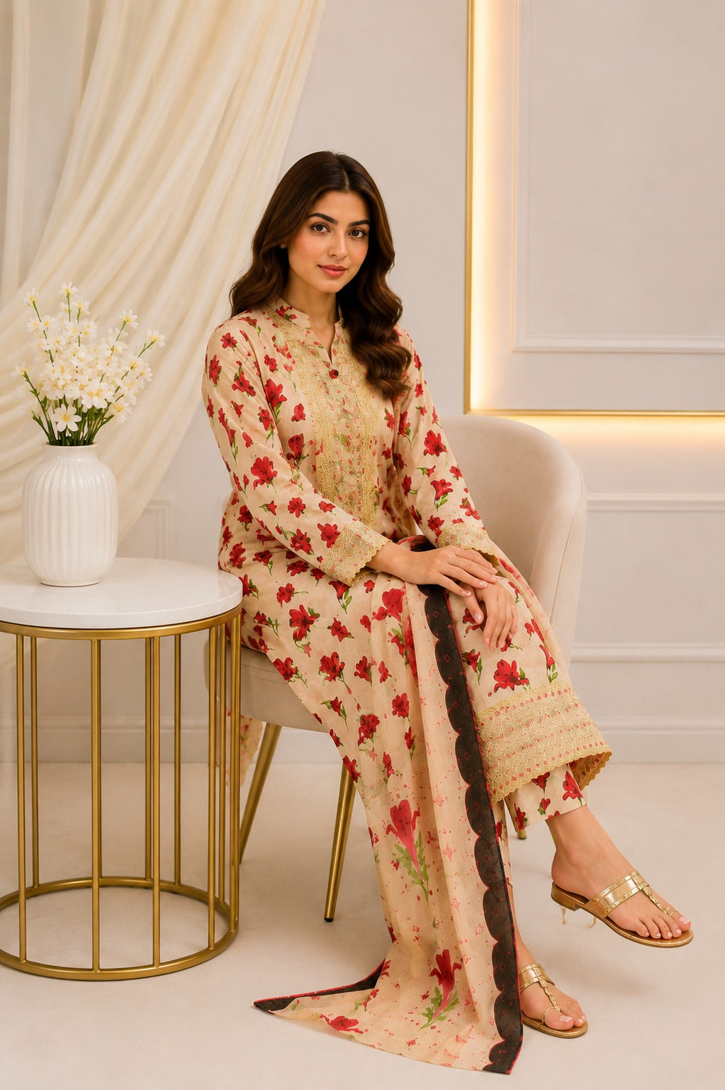 Embroidered Lawn-Cotton Floral Print 3-Piece Suit
