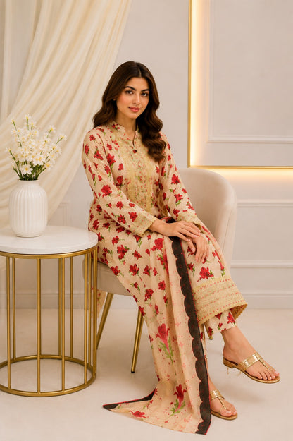 Embroidered Lawn-Cotton Floral Print 3-Piece Suit