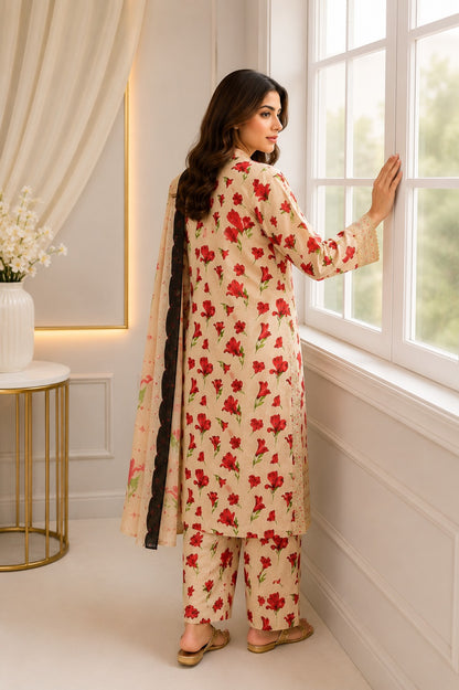 Embroidered Lawn-Cotton Floral Print 3-Piece Suit