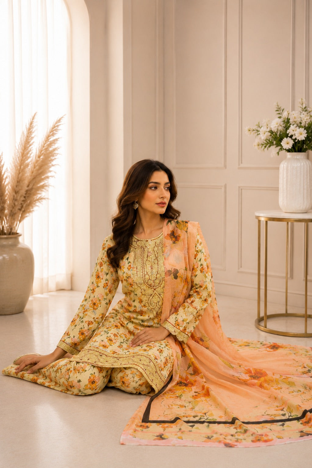 Embroidered Lawn-Cotton Floral Print 3-Piece Suit