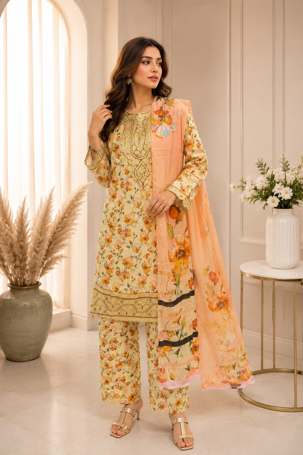 Embroidered Lawn-Cotton Floral Print 3-Piece Suit