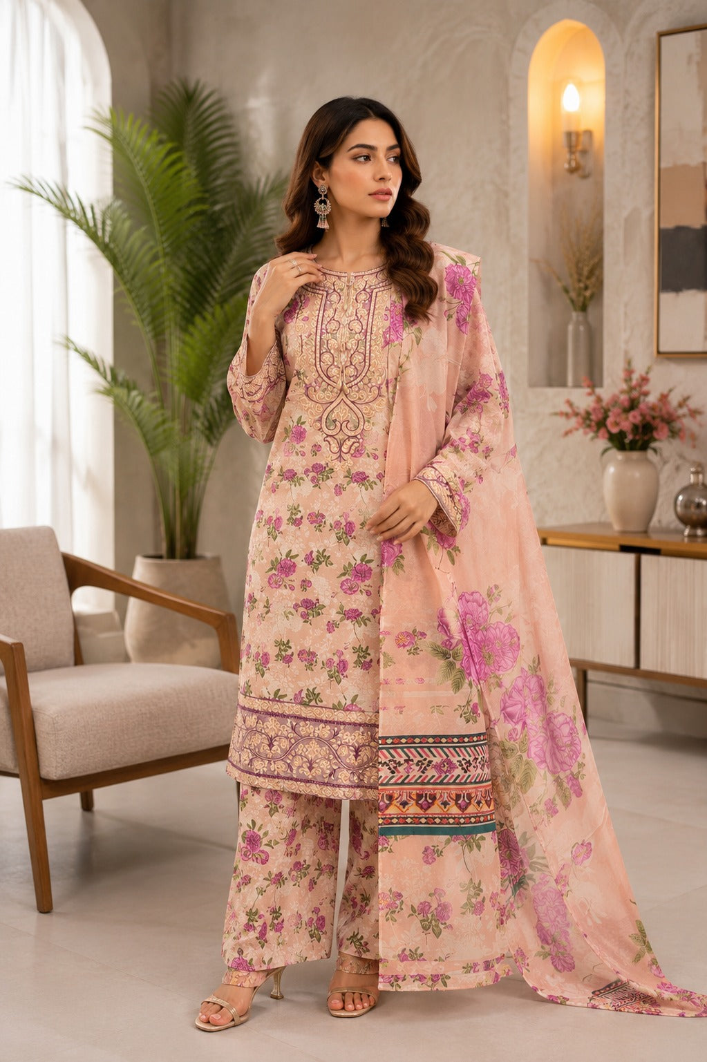 Embroidered Lawn-Cotton Floral Print 3-Piece Suit