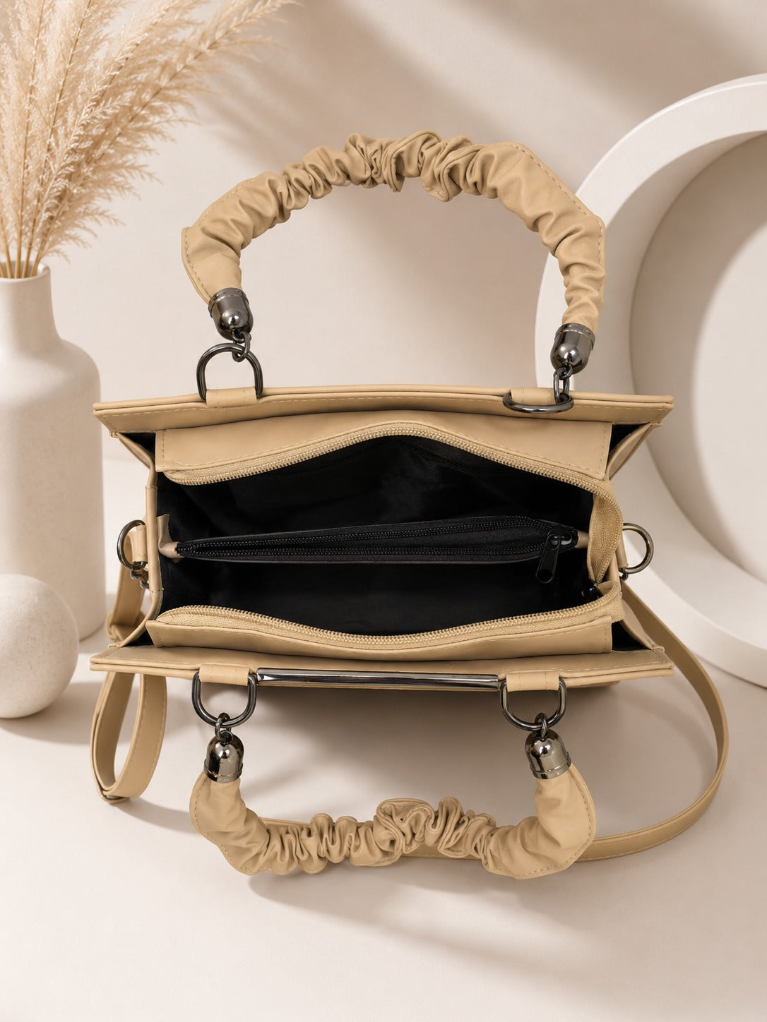 Elegant Structured Box Bag with Ruffled Handle & Beaded Details - Beige