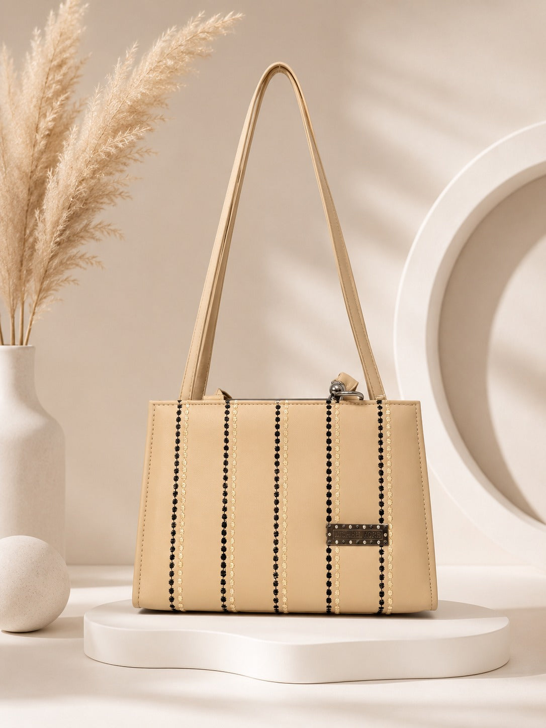 Elegant Structured Box Bag with Ruffled Handle & Beaded Details - Beige