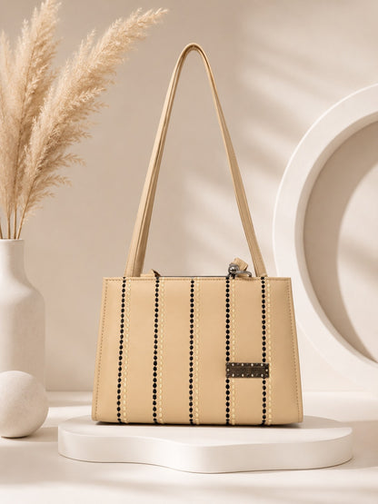 Elegant Structured Box Bag with Ruffled Handle & Beaded Details - Beige