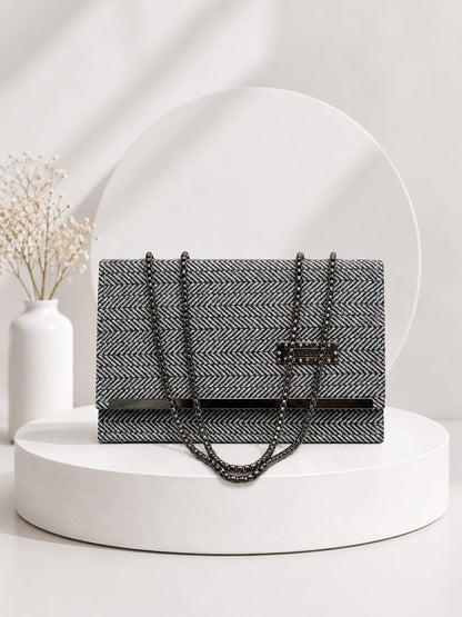 Elegant Herringbone Texture Chain Bag - Sophisticated Grey