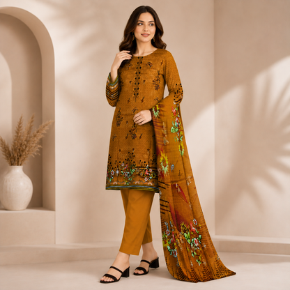 Mustard Brown Printed Unstitched 3-Piece Suit