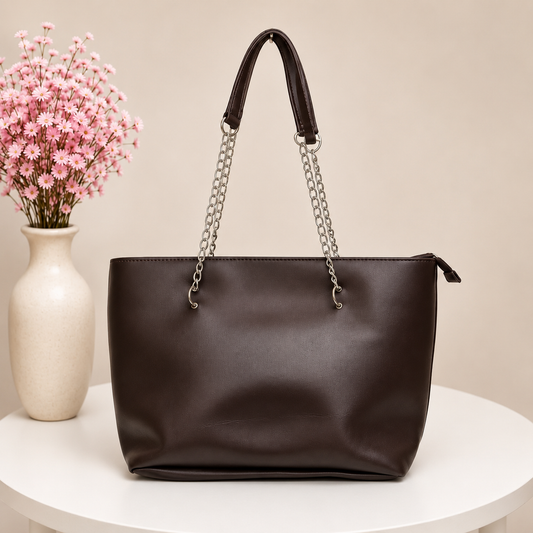 Classic Minimalist Tote Bag with Silver-Tone Chain Handles - Dark Brown