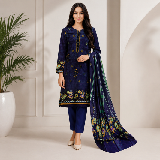 Navy Blue Printed Unstitched 3-Piece Suit