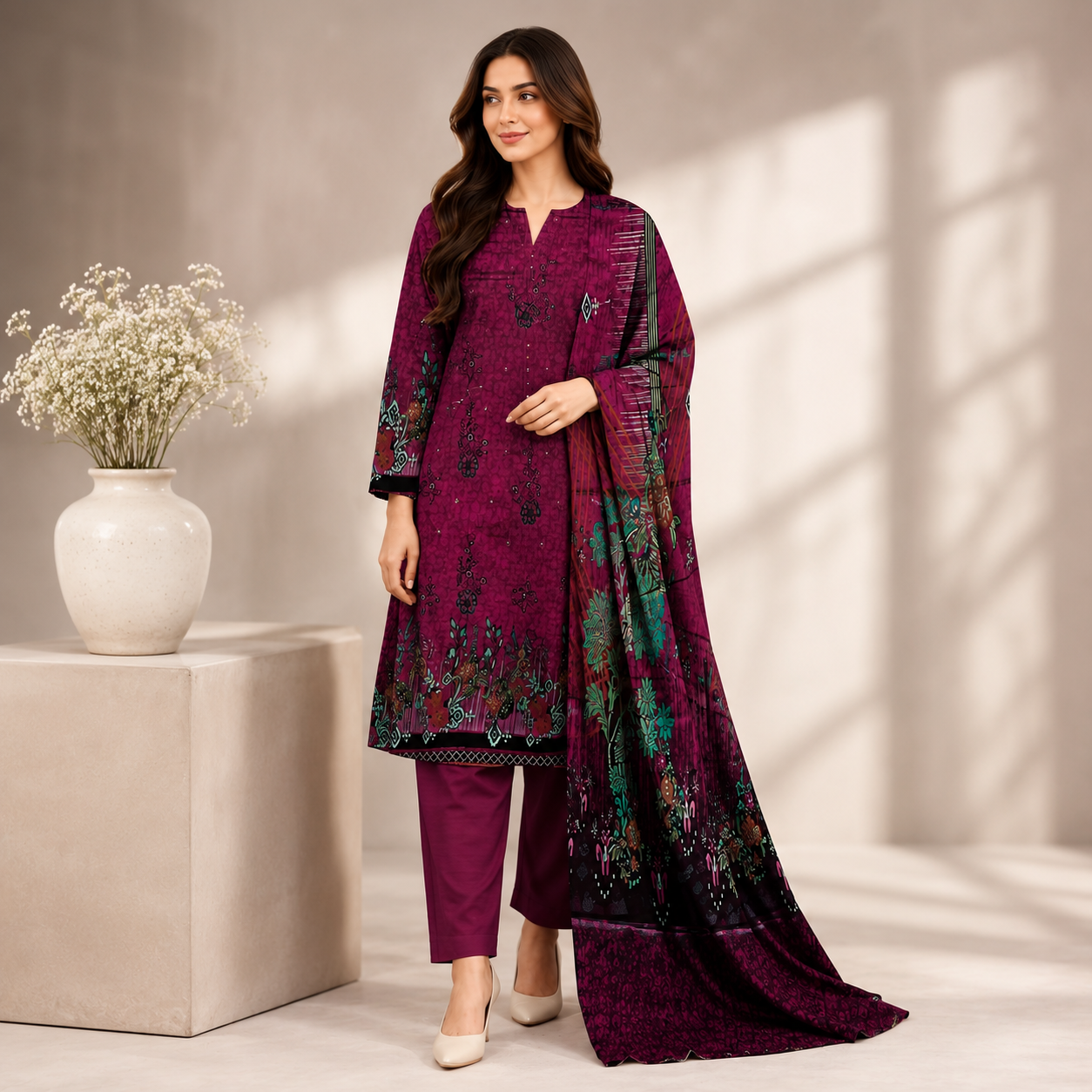 Plum Purple Printed Unstitched 3-Piece Suit