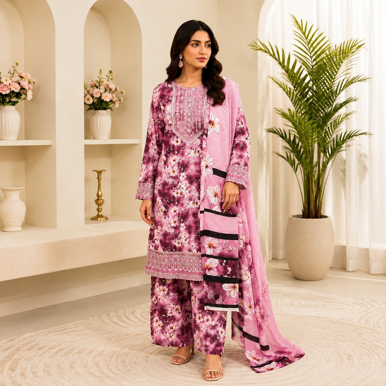 Embroidered Lawn-Cotton Floral Print 3-Piece Suit
