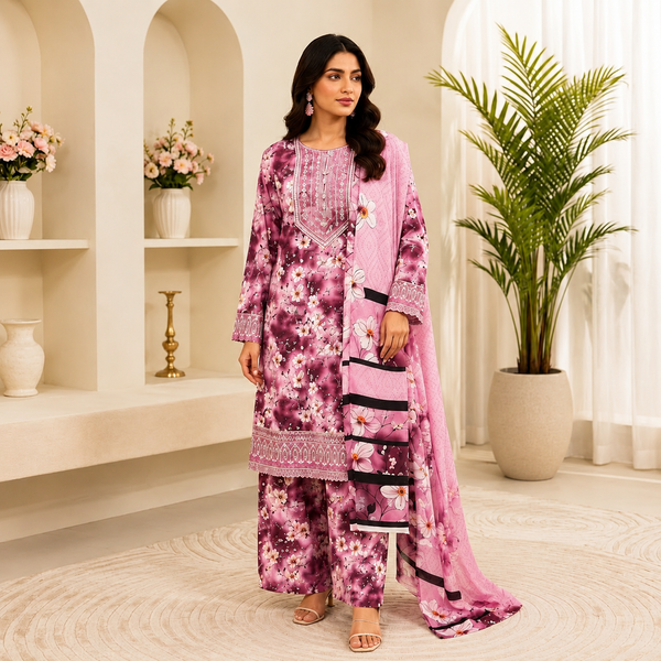Embroidered Lawn-Cotton Floral Print 3-Piece Suit