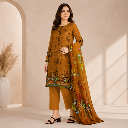 Mustard Brown Printed Unstitched 3-Piece Suit