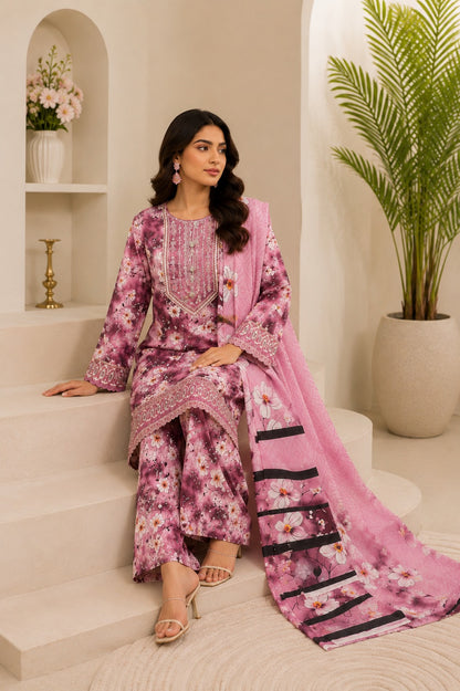 Embroidered Lawn-Cotton Floral Print 3-Piece Suit