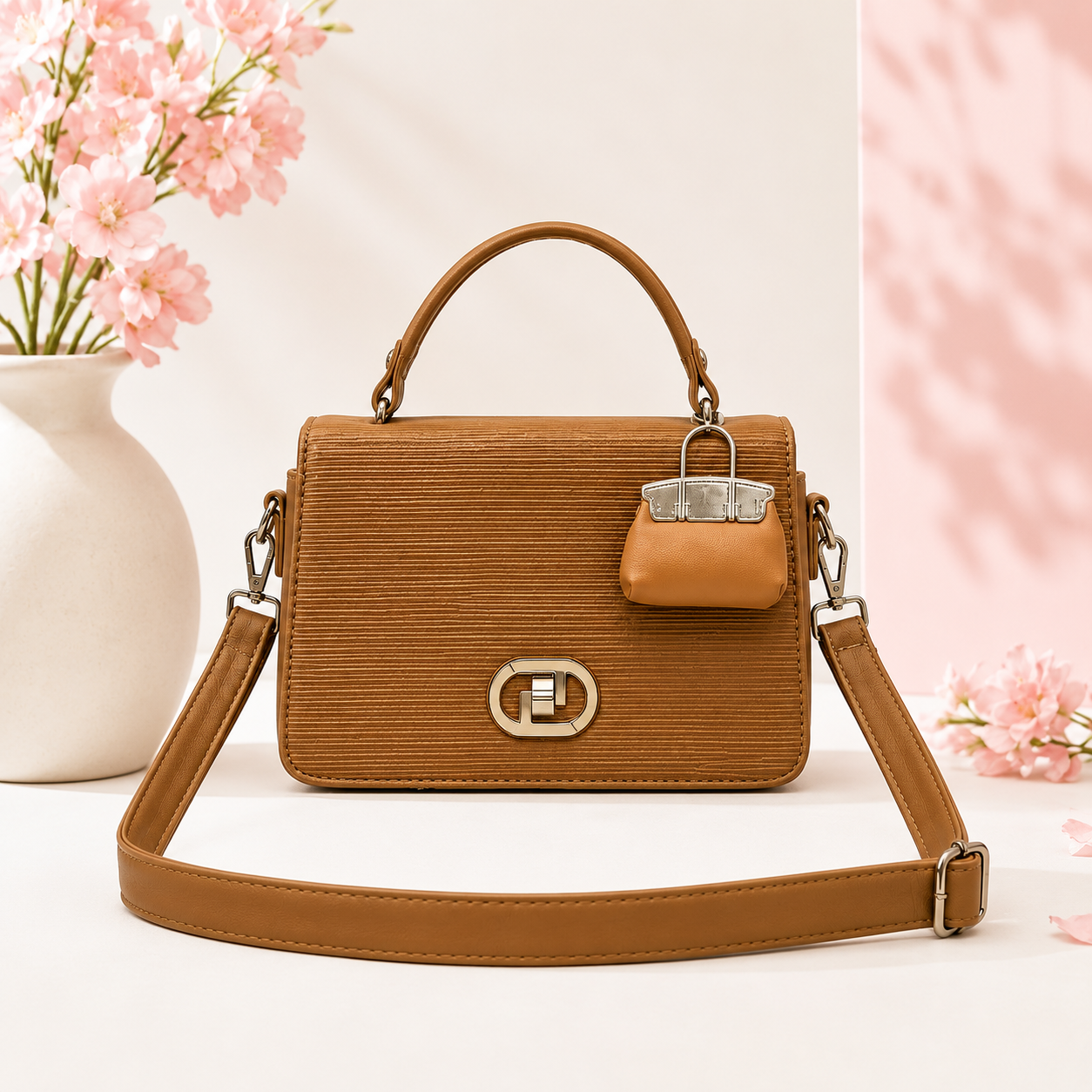 Classic Structured Satchel with Charm Detail - Tan Brown