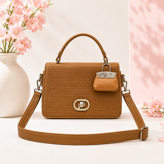 Classic Structured Satchel with Charm Detail - Tan Brown