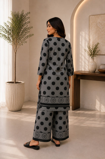 Embroidered Cotton Lawn Grey Polka Dot 2-Piece Suit