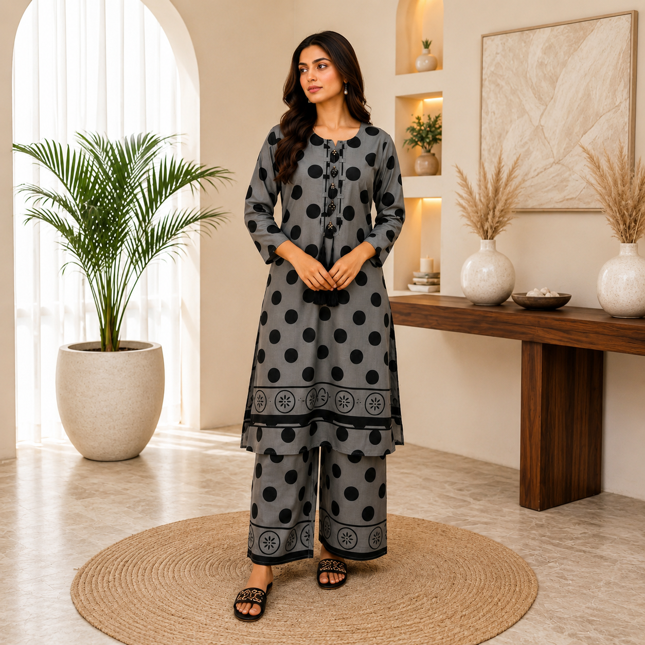 Embroidered Cotton Lawn Grey Polka Dot 2-Piece Suit