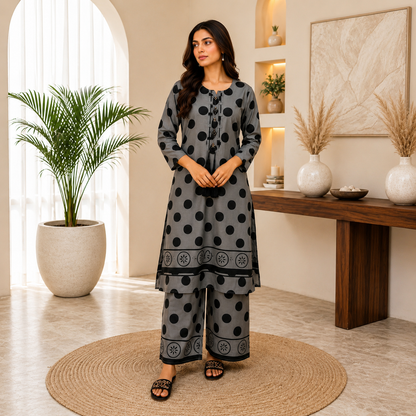 Embroidered Cotton Lawn Grey Polka Dot 2-Piece Suit