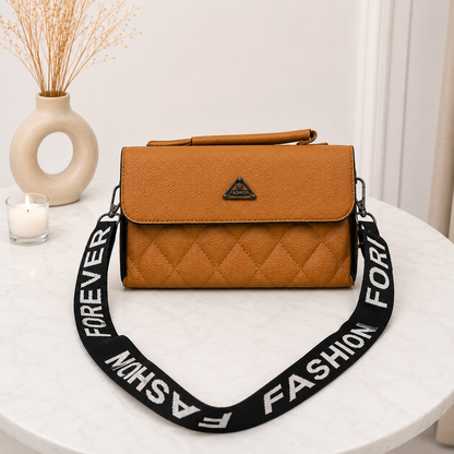 Trendy Quilted Satchel with Statement 'Fashion Forever' Strap - Tan Brown