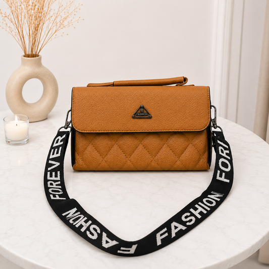 Trendy Quilted Satchel with Statement 'Fashion Forever' Strap - Tan Brown