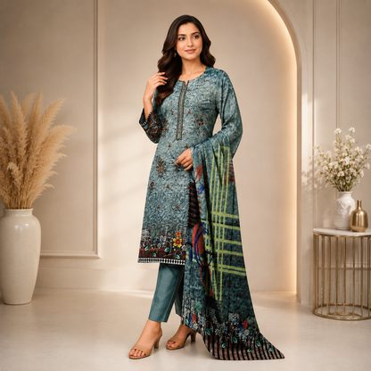 Slate Blue Printed Unstitched 3-Piece Suit