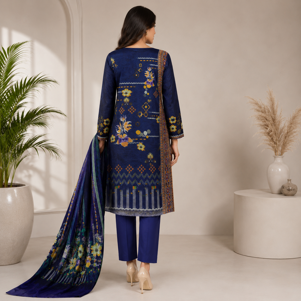 Navy Blue Printed Unstitched 3-Piece Suit