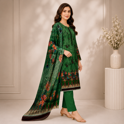 Emerald Green Printed Unstitched 3-Piece Suit