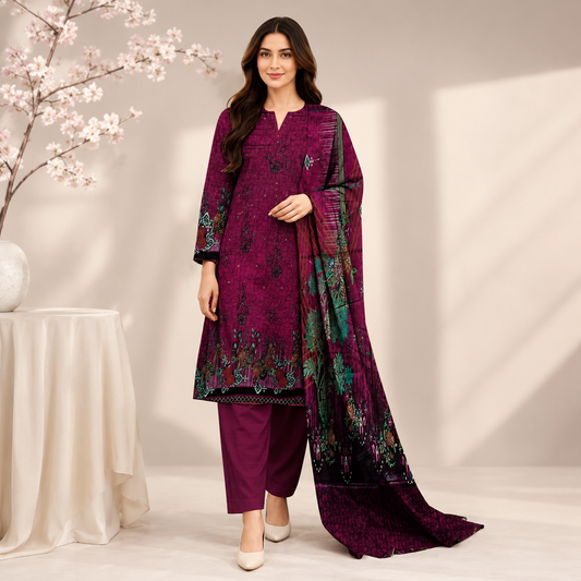 Plum Purple Printed Unstitched 3-Piece Suit