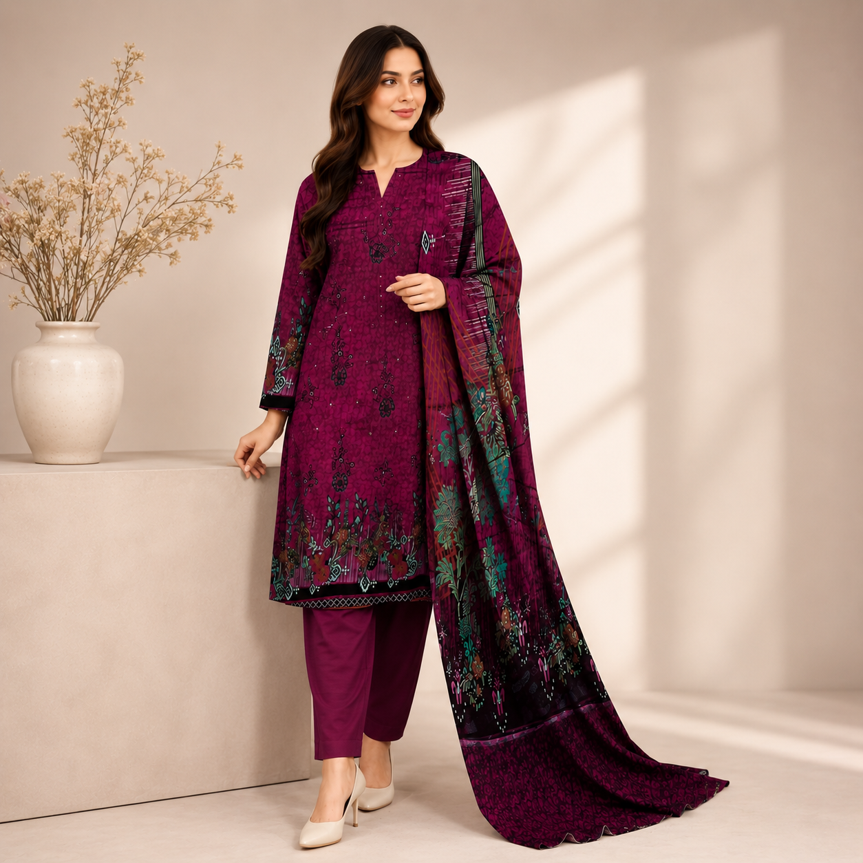 Plum Purple Printed Unstitched 3-Piece Suit