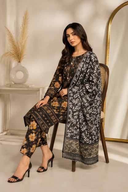 Embroidered Lawn-Cotton Floral Print 3-Piece Suit