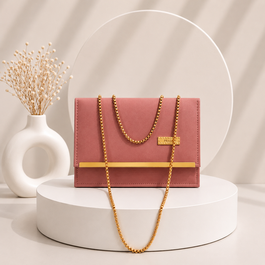 Elegant Suede-Finish Clutch with Gold-Tone Chain - Mauve Pink