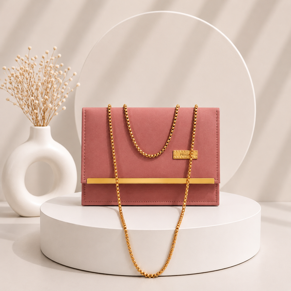 Elegant Suede-Finish Clutch with Gold-Tone Chain - Mauve Pink